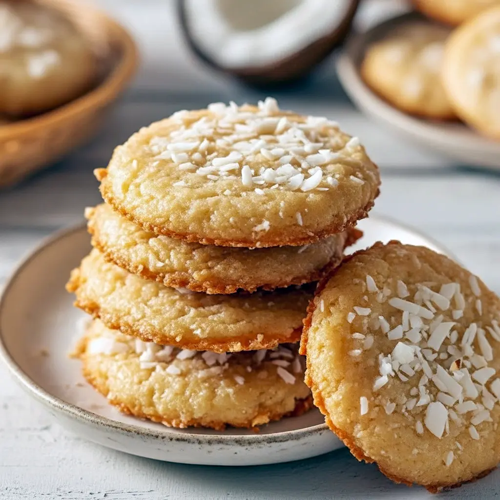 Close-up of chewy coconut cookies with toasted coconut flakes and golden edges on a cooling rack.