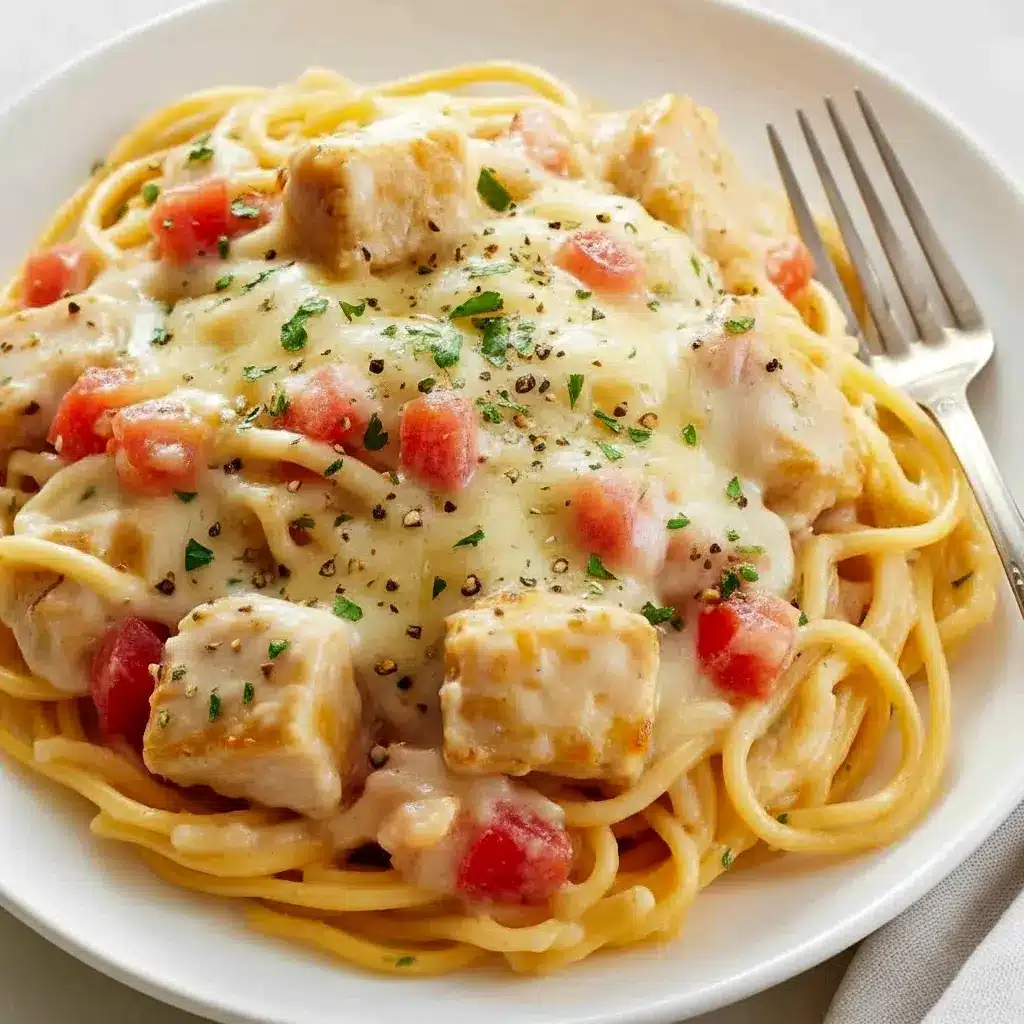 Close-up of a golden casserole of Chicken Spaghetti topped with herbs, showing chunks of Tender Chicken Breast, twirled Spaghetti Pasta, and a glossy Cheese Pasta sauce.