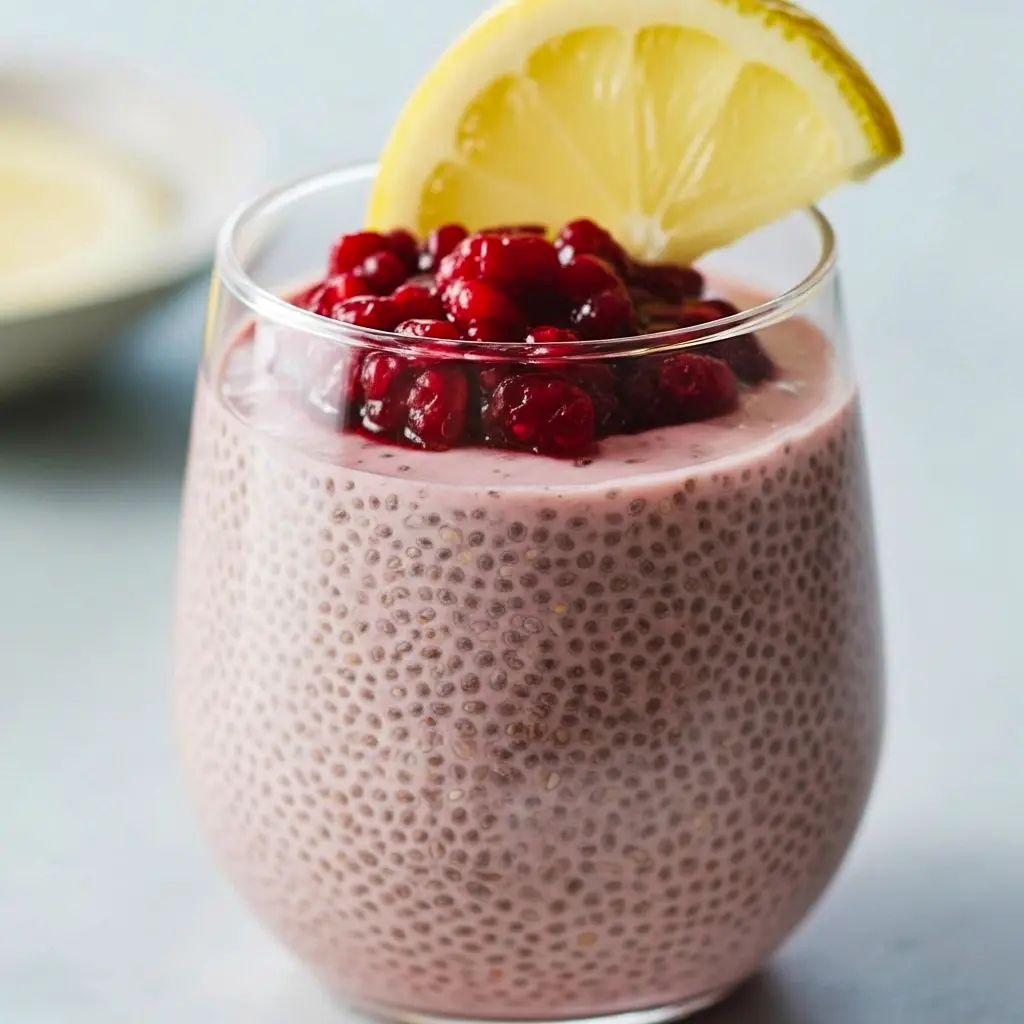Glass jar of creamy lemon-raspberry chia pudding topped with fresh raspberries and a lemon slice, Chia Pudding Dessert.