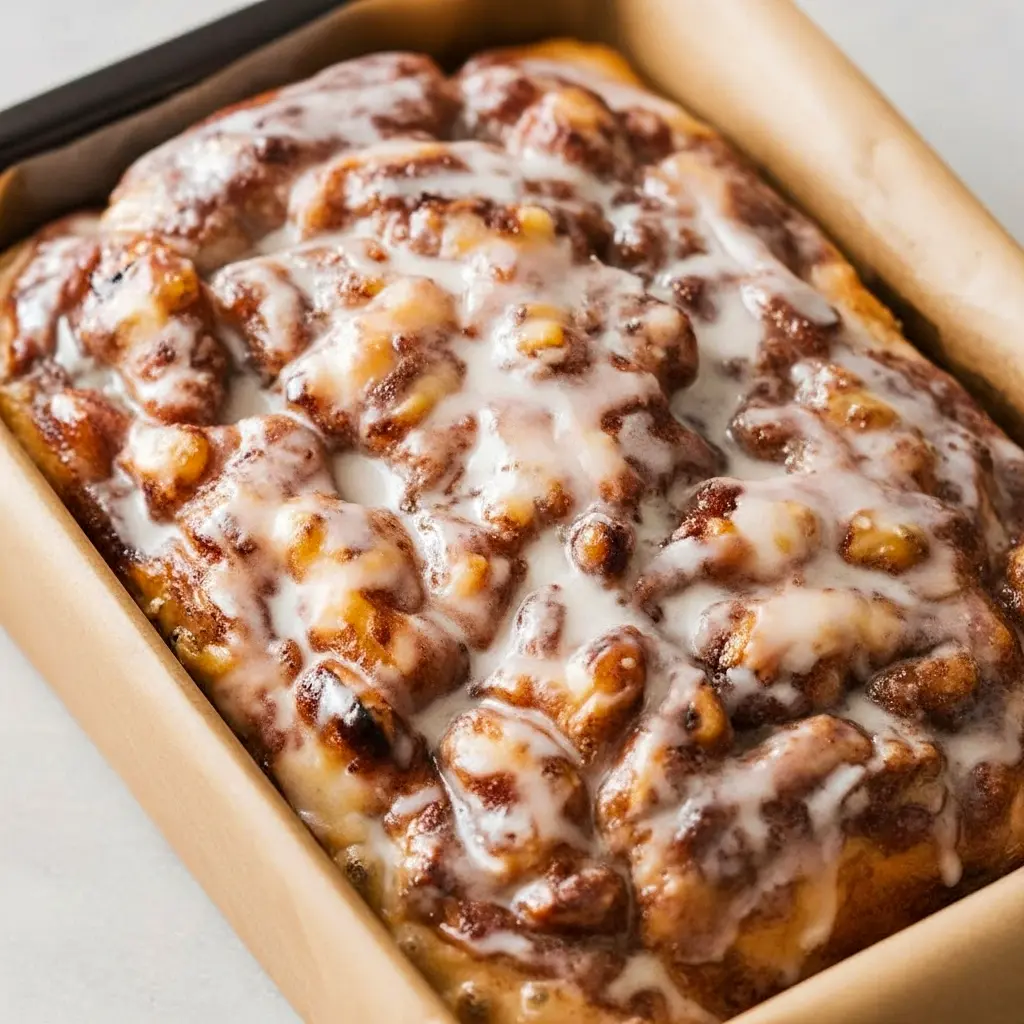 Sliced cinnamon focaccia with golden dimples filled with caramelized brown-butter cinnamon-sugar and a drizzle of vanilla glaze on a rustic wooden board.