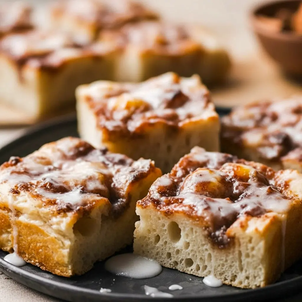 Sliced cinnamon focaccia with golden dimples filled with caramelized brown-butter cinnamon-sugar and a drizzle of vanilla glaze on a rustic wooden board.