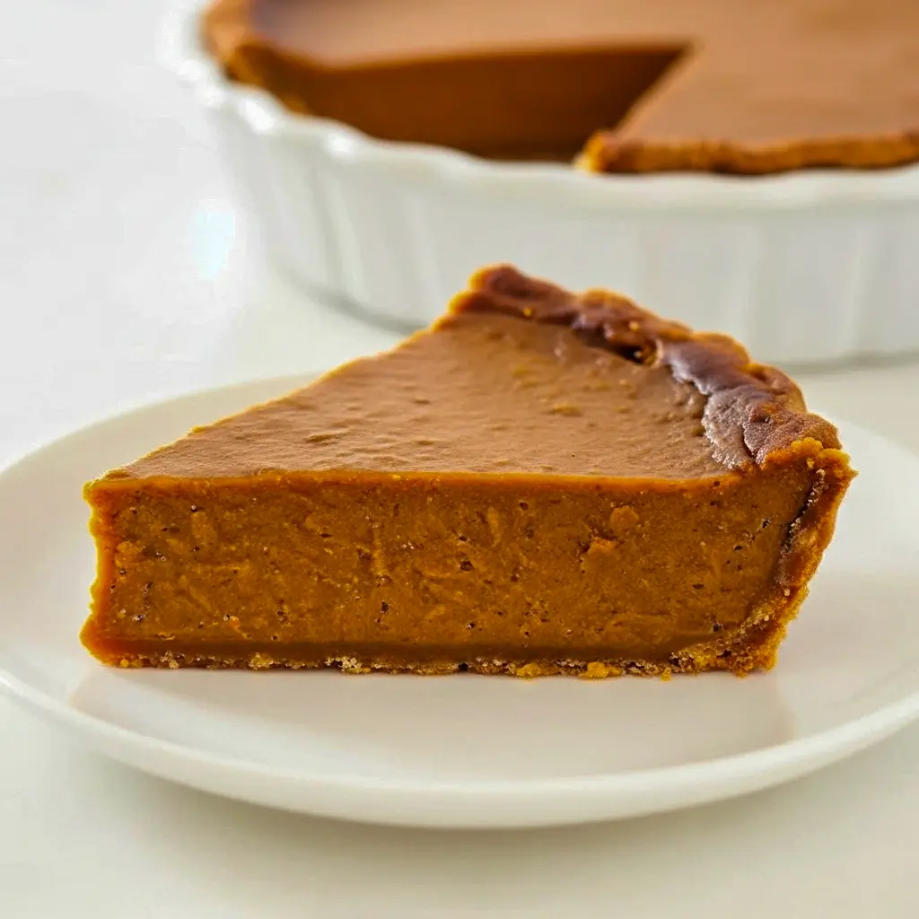 Close-up of a smooth slice of Crust Free Pumpkin Pie on a white plate — a photo for an easy Pumpkin Pie Recipe No Crust and a top Alternatives To Pumpkin Pie idea. The shot highlights a perfectly set Pumpkin Pie Without The Crust (a popular Crust Less Pumpkin Pie) and represents simple No Crust Pumpkin Pie Recipes, showing a beautiful Pumpkin Pie Without Crust that proves Pumpkin Pie No Crust can be elegant — truly a Simple Pumpkin Pie Recipe for fall.