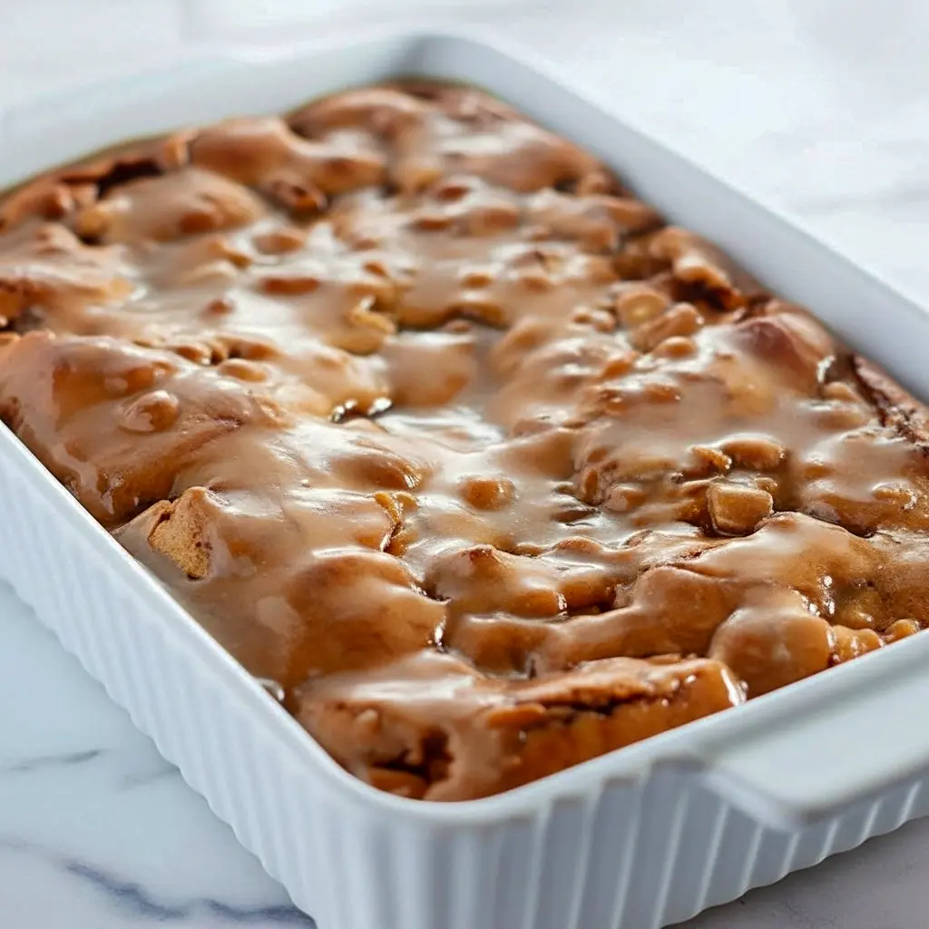 Slice of apple dapple cake with brown-sugar glaze and walnuts on a plate — perfect for Apple And Cranberry Recipes, a homey take on Apple Pie Pound Cake, and a smart way to use Things To Can With Apples or other Excess Apple Recipes, Best Apple Cake Recipe.