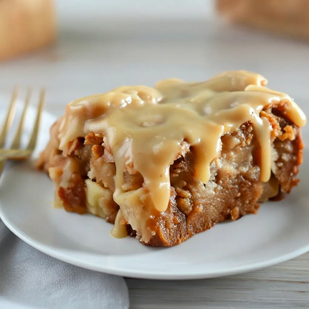 Slice of apple dapple cake with brown-sugar glaze and walnuts on a plate — perfect for Apple And Cranberry Recipes, a homey take on Apple Pie Pound Cake, and a smart way to use Things To Can With Apples or other Excess Apple Recipes.