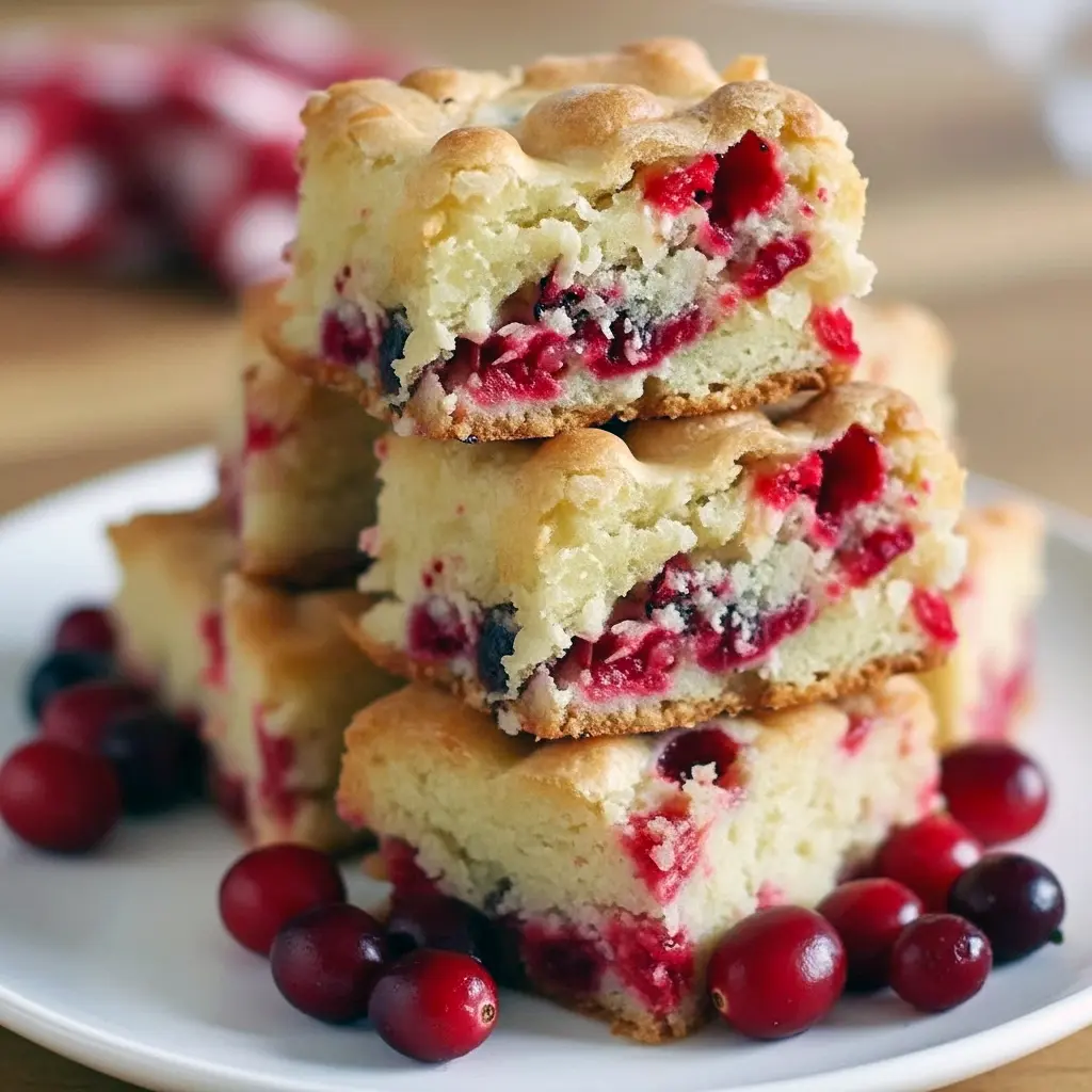 Golden cranberry-studded sheet cake sliced on a serving board, juicy berries and tender crumb visible, with a fork and a sprinkle of powdered sugar nearby, Cranberry Christmas Cake.