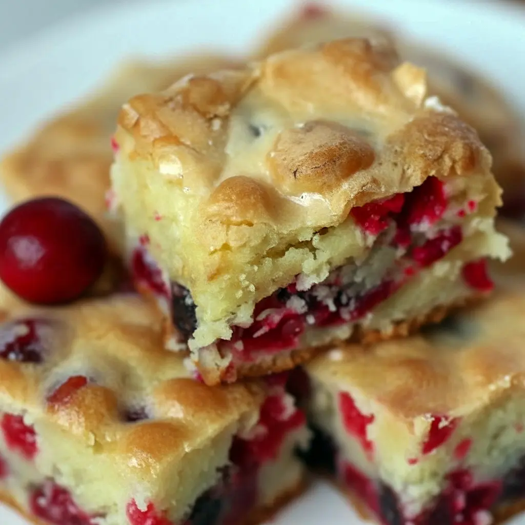 Golden cranberry-studded sheet cake sliced on a serving board, juicy berries and tender crumb visible, with a fork and a sprinkle of powdered sugar nearby.