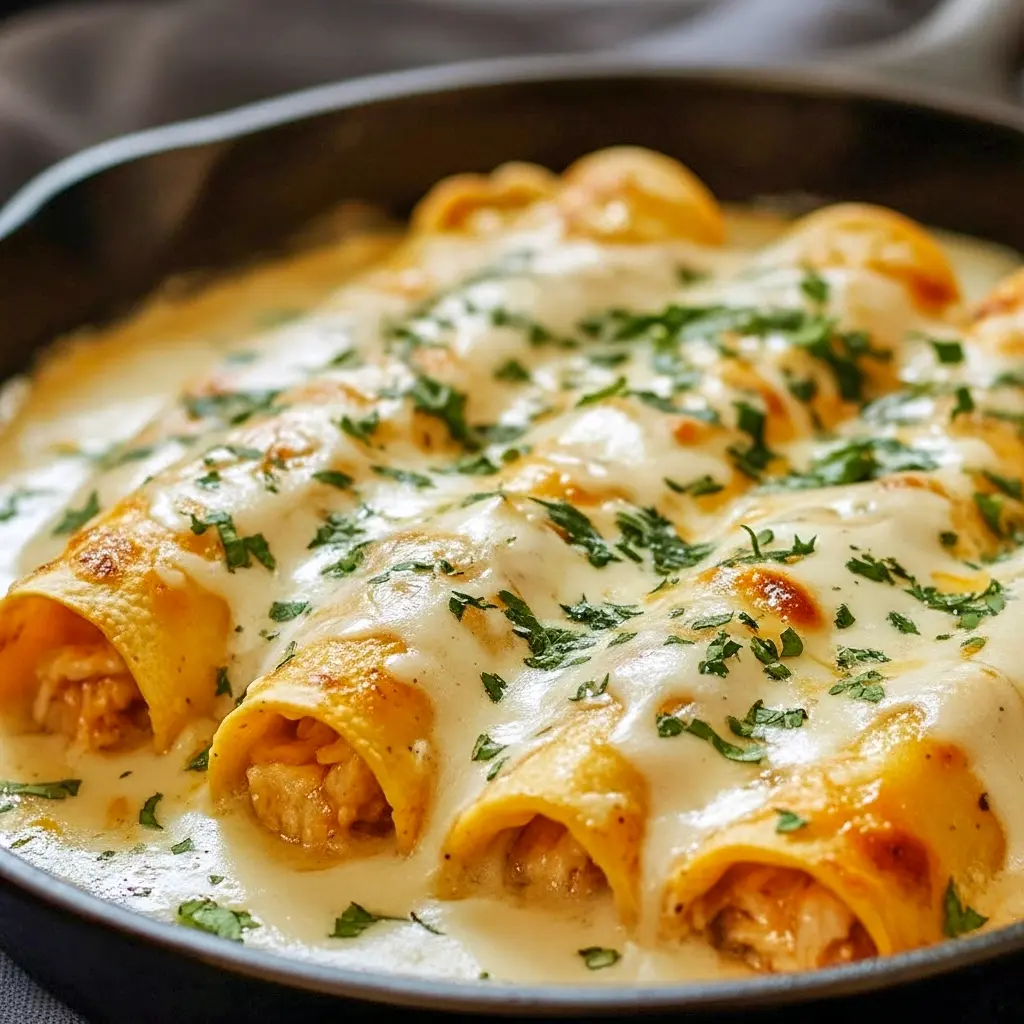Baked chicken enchiladas smothered in creamy white sauce and melted cheese, garnished with cilantro and lime wedges, Creamy Chicken Enchiladas.