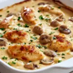Golden, creamy chicken and mushroom casserole with egg noodles, sprinkled parsley, and a bubbling browned top.