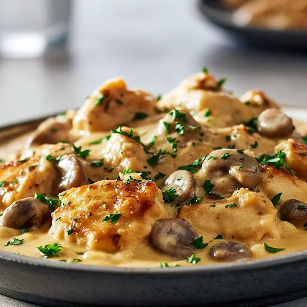 Golden, creamy chicken and mushroom casserole with egg noodles, sprinkled parsley, and a bubbling browned top, Baked Chicken Stroganoff.
