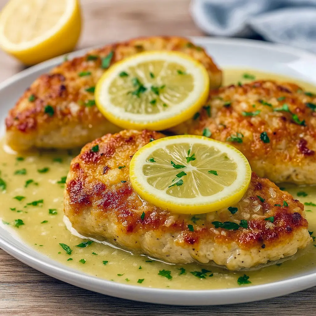 Golden, crispy Lemon Butter Chicken Romano topped with fresh lemon zest and garlic butter sauce, served on a white plate with herbs—an elegant take on Creative Chicken Dishes and perfect Chicken Recipes For 4 People.