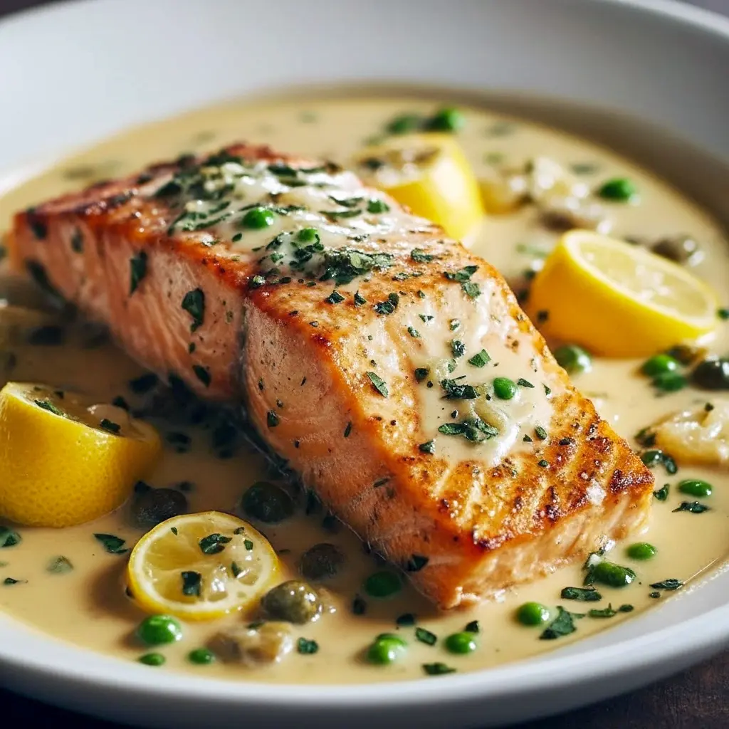 Close-up of Creamy Lemon Garlic Salmon Piccata — golden pan-seared salmon fillets coated in a rich Salmon With Lemon Caper Cream Sauce, garnished with lemon slices, parsley, and capers, served over creamy Lemon Caper Salmon Pasta for the perfect elegant Salmon Piccata Recipe dinner.
