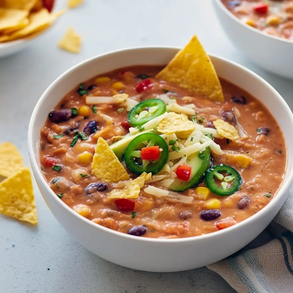 A bowl of Lentil Tortilla Soup topped with crispy tortilla strips, fresh avocado, cilantro, and melted cheese — the ultimate Best Vegetarian Soup for cold nights, creamy, hearty, and full of Tex-Mex flavor.