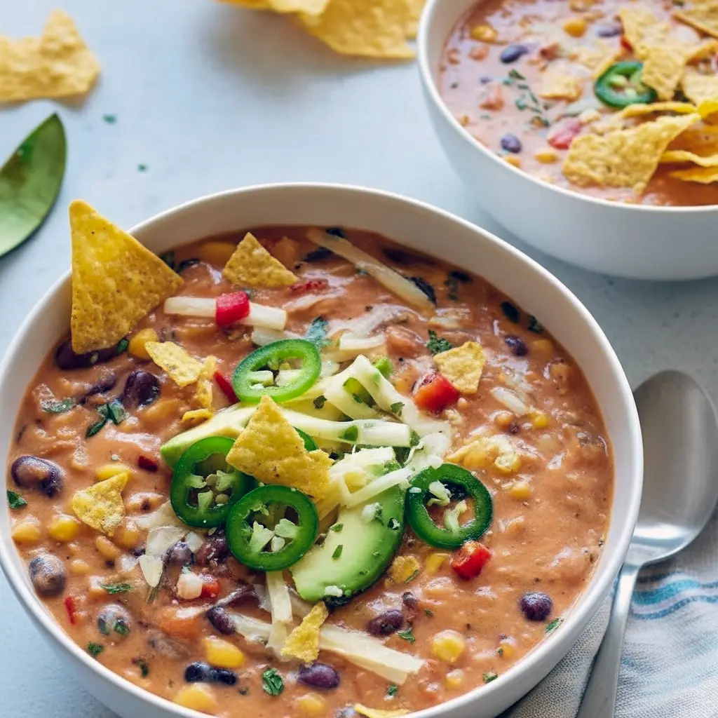 A bowl of Lentil Tortilla Soup topped with crispy tortilla strips, fresh avocado, cilantro, and melted cheese — the ultimate Best Vegetarian Soup for cold nights, creamy, hearty, and full of Tex-Mex flavor.