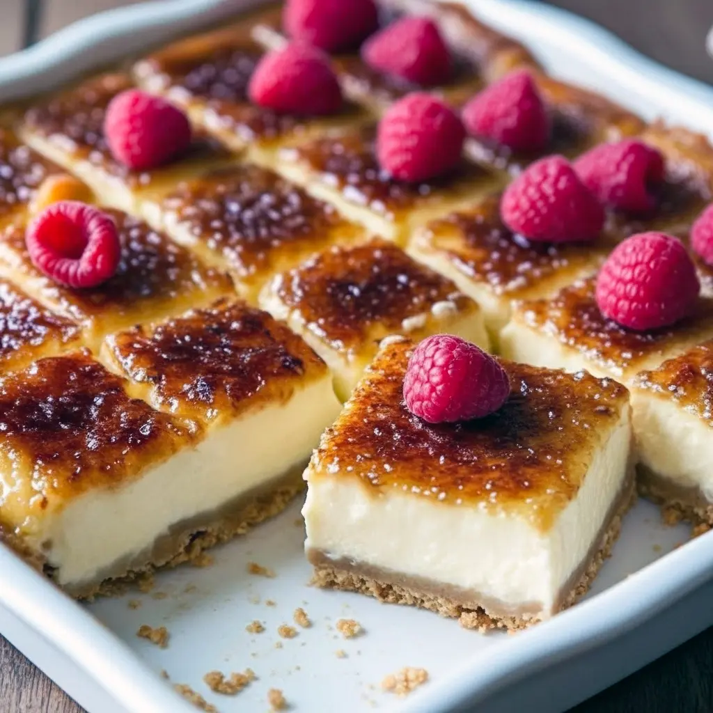 Close-up of a square of Creme Brulee Cheesecake showing a crisp, caramelized sugar top and creamy filling, styled with fresh berries — the same satisfying crack you get from a classic Creme Brulee Recipe, with inspiration from a Blueberry Custard Cheesecake Recipe and hints of an Old Fashioned Cheesecake With Sour Cream Topping.
