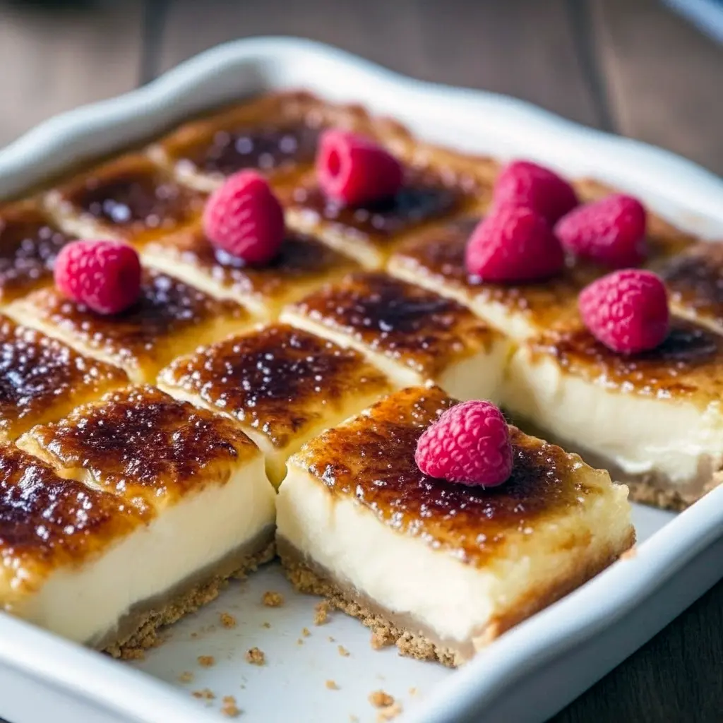 Close-up of a square of Creme Brulee Cheesecake showing a crisp, caramelized sugar top and creamy filling, styled with fresh berries — the same satisfying crack you get from a classic Creme Brulee Recipe, with inspiration from a Blueberry Custard Cheesecake Recipe and hints of an Old Fashioned Cheesecake With Sour Cream Topping.