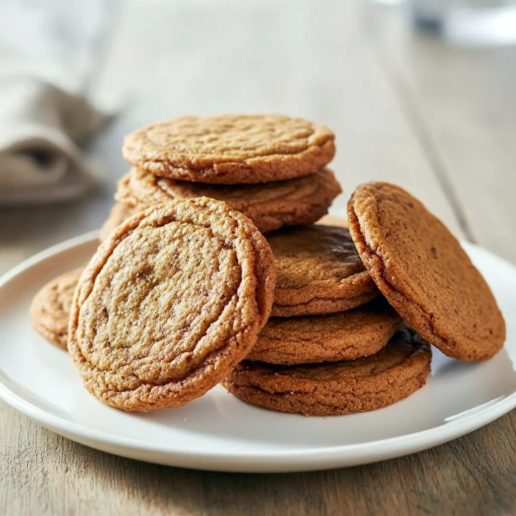 A plate of Crisp Gingerbread Cookies with golden-brown edges, showing their delicate texture and festive spices — the perfect Molasses Ginger Crisps and Crunchy Ginger Snap Cookies for holiday baking.