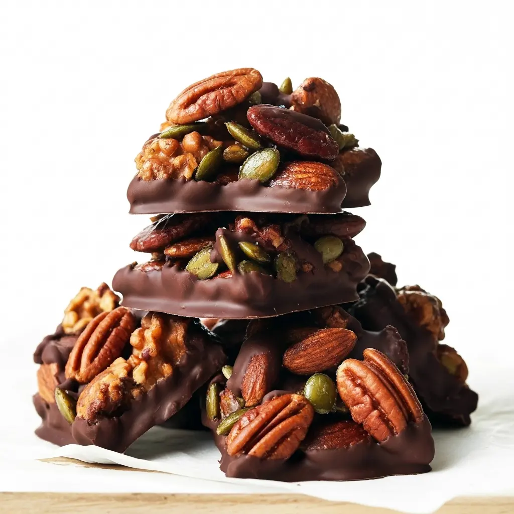 Close-up of Dark Chocolate Nut Squares made with roasted Baking Nuts, crunchy Chocolate Nuts, and Pumpkin Pecan mix, drizzled with dark chocolate — a Super Yummy, Healthy Dessert and Power Snacks alternative to Sugary Snacks, perfect as High Protein Snacks or homemade Crunch Bar treats.