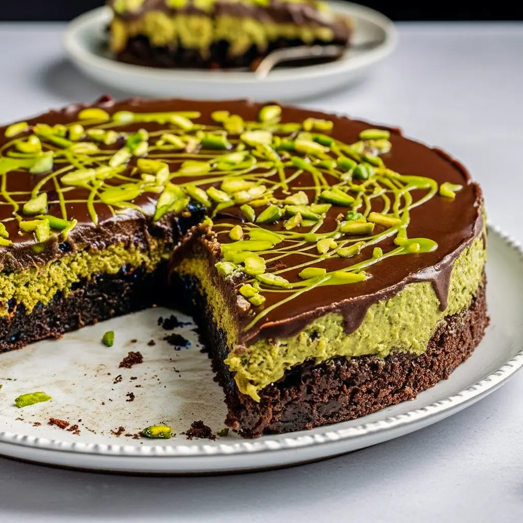 Layered chocolate cake with glossy ganache, pistachio filling oozing from the center, topped with toasted kataifi and crushed pistachios.