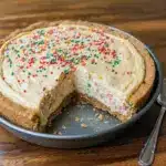 Slice of Sugar Cookie Cheesecake with white chocolate ganache and sprinkles on a plate, styled to showcase a crisp Cookie Cheesecake Crust, nod to Vanilla Cookie Crust Cheesecake, festive Holiday Cookie Cheesecake appeal, and the nostalgic convenience of Pillsbury Christmas Cookie Cheesecake or Pilsbury Cookie Crust Cheesecake; perfect for fans of Buttery Sugar Cookies, elevated Cheesecake Desserts, and holiday Sweet Snacks Recipes.