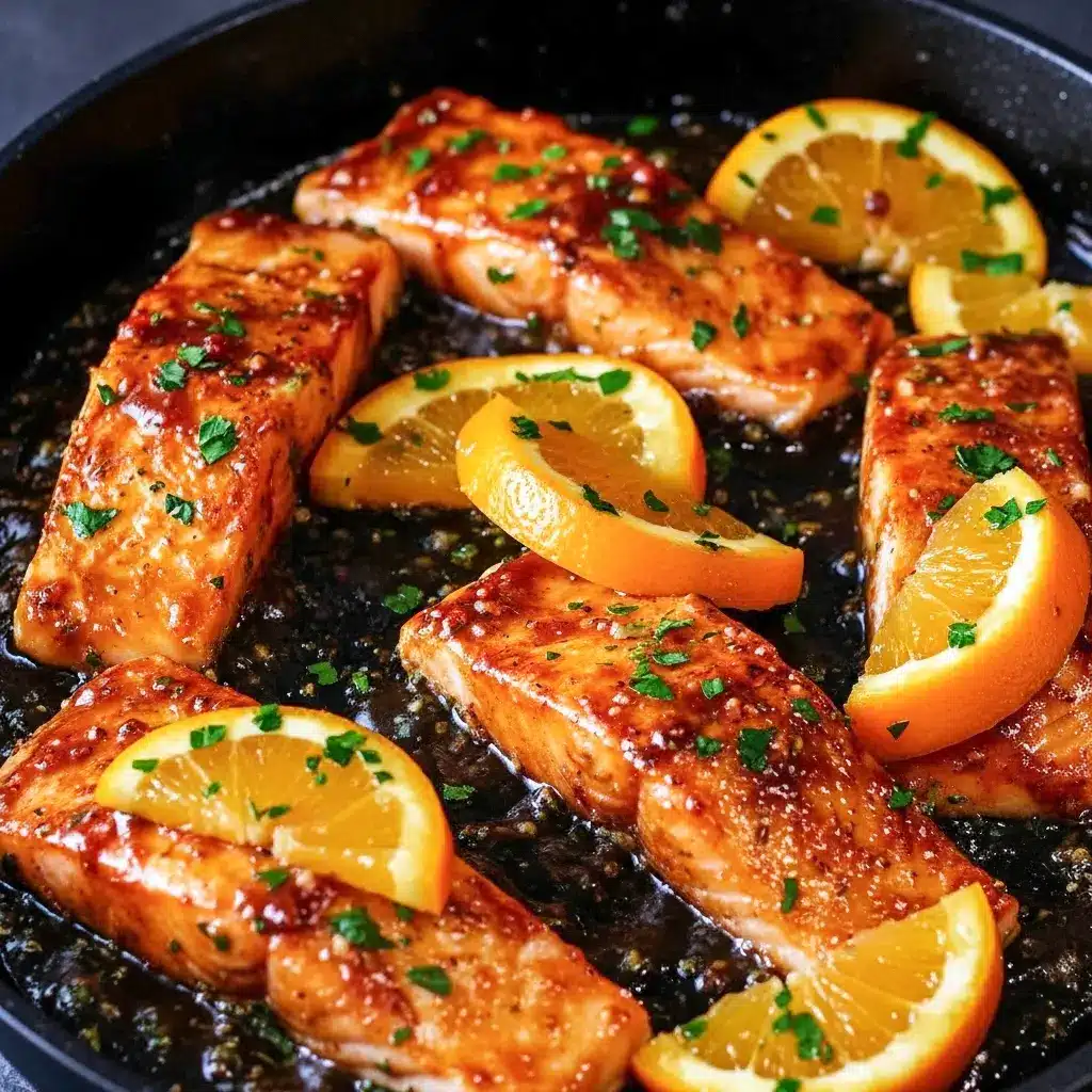 Close-up of a glossy orange-glazed salmon fillet on a white plate, garnished with orange slices and parsley, served with rice and roasted asparagus.