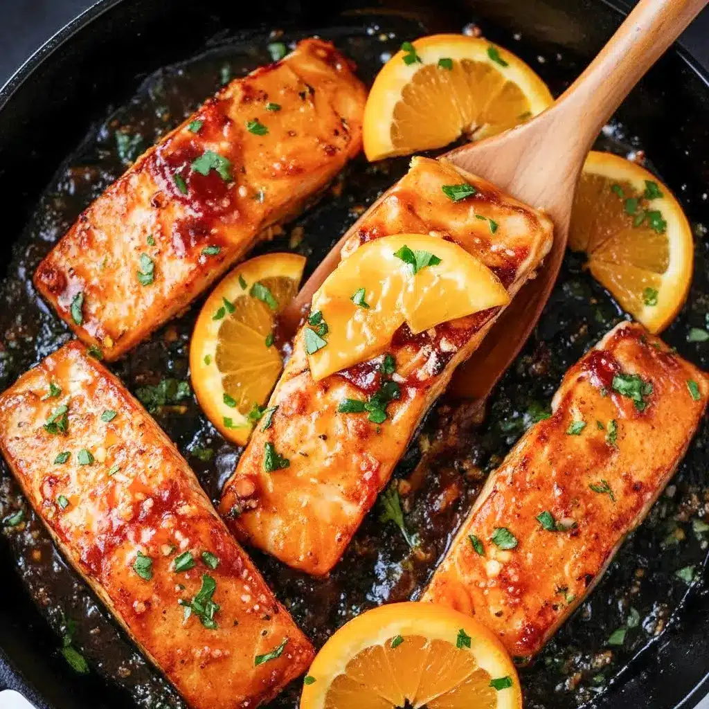 Close-up of a glossy orange-glazed salmon fillet on a white plate, garnished with orange slices and parsley, served with rice and roasted asparagus.