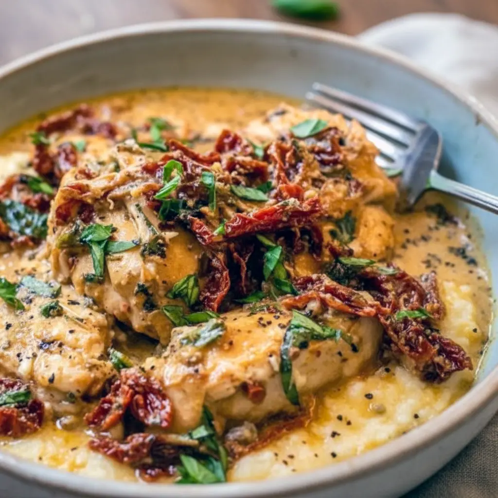 Close-up of shredded slow-cooked chicken in a rich sun-dried tomato sauce in a crockpot — perfect for Fun Crockpot Meals, Crockpot Fall Chicken Recipes, easy 5 Hour Crockpot Meals, Easy Whole 30 Crockpot Recipes, or as Dinner Ideas For Entertaining Friends, Slowcooker Summer Meals.