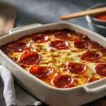 Golden, cheesy pizza-style cottage cheese bake topped with melted mozzarella and pepperoni.