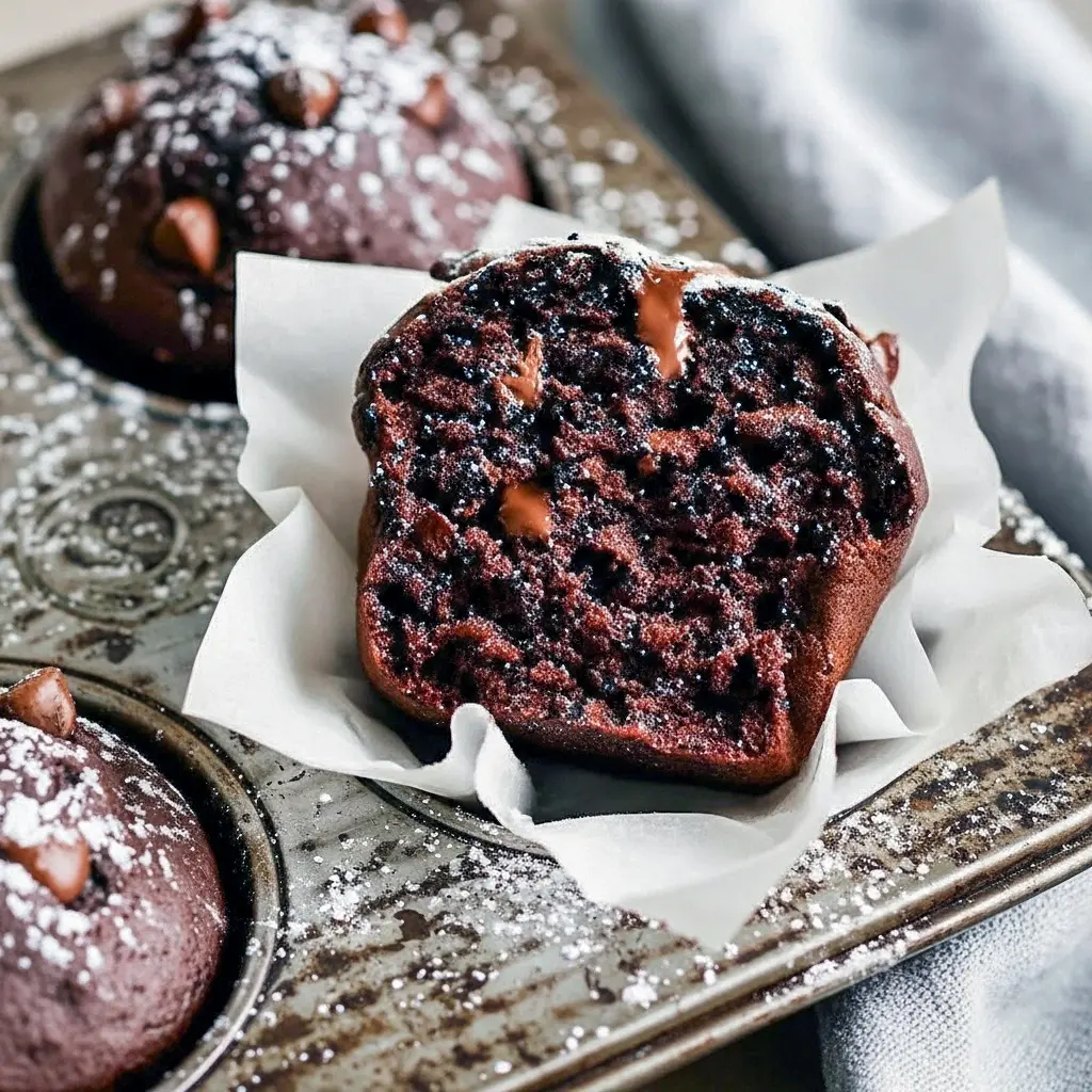 Close-up of a tall, gooey double chocolate espresso muffin with shiny melted chips — a top pick for Chocolate Brunch Recipes, cozy Warm Sweet Treats, decadent Double Chocolate Recipes, and classic Coffee Chocolate Muffins.