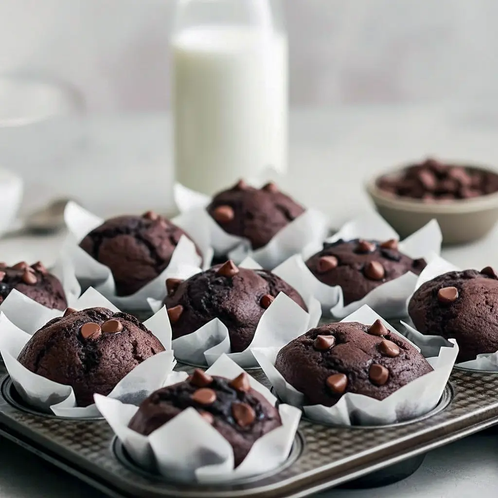 Close-up of a tall, gooey double chocolate espresso muffin with shiny melted chips — a top pick for Chocolate Brunch Recipes, cozy Warm Sweet Treats, decadent Double Chocolate Recipes, and classic Coffee Chocolate Muffins.