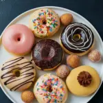 Close-up of golden, fluffy baked donuts coated in shiny vanilla glaze and colorful sprinkles — a cozy Doughnuts Recipe Baked perfect for Fall Breakfast Baked Goods or Yeast Baked Goods lovers.
