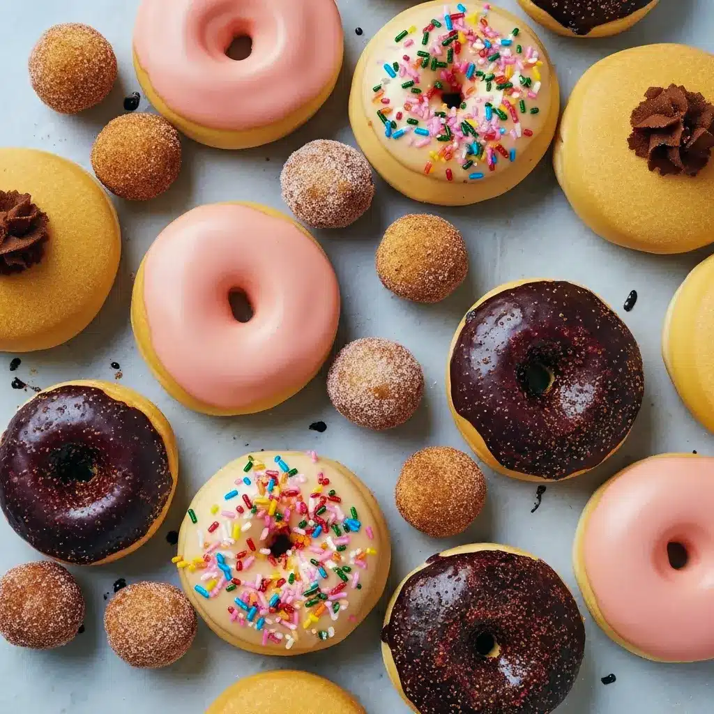 Close-up of golden, fluffy baked donuts coated in shiny vanilla glaze and colorful sprinkles — a cozy Doughnuts Recipe Baked perfect for Fall Breakfast Baked Goods or Yeast Baked Goods lovers.