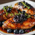 Close-up of Blueberry Thyme Chicken in a skillet topped with caramelized blueberry sauce and fresh thyme — a colorful Elegant Main Course perfect for Yummy Summer Meals and Dinner With Fruit lovers.