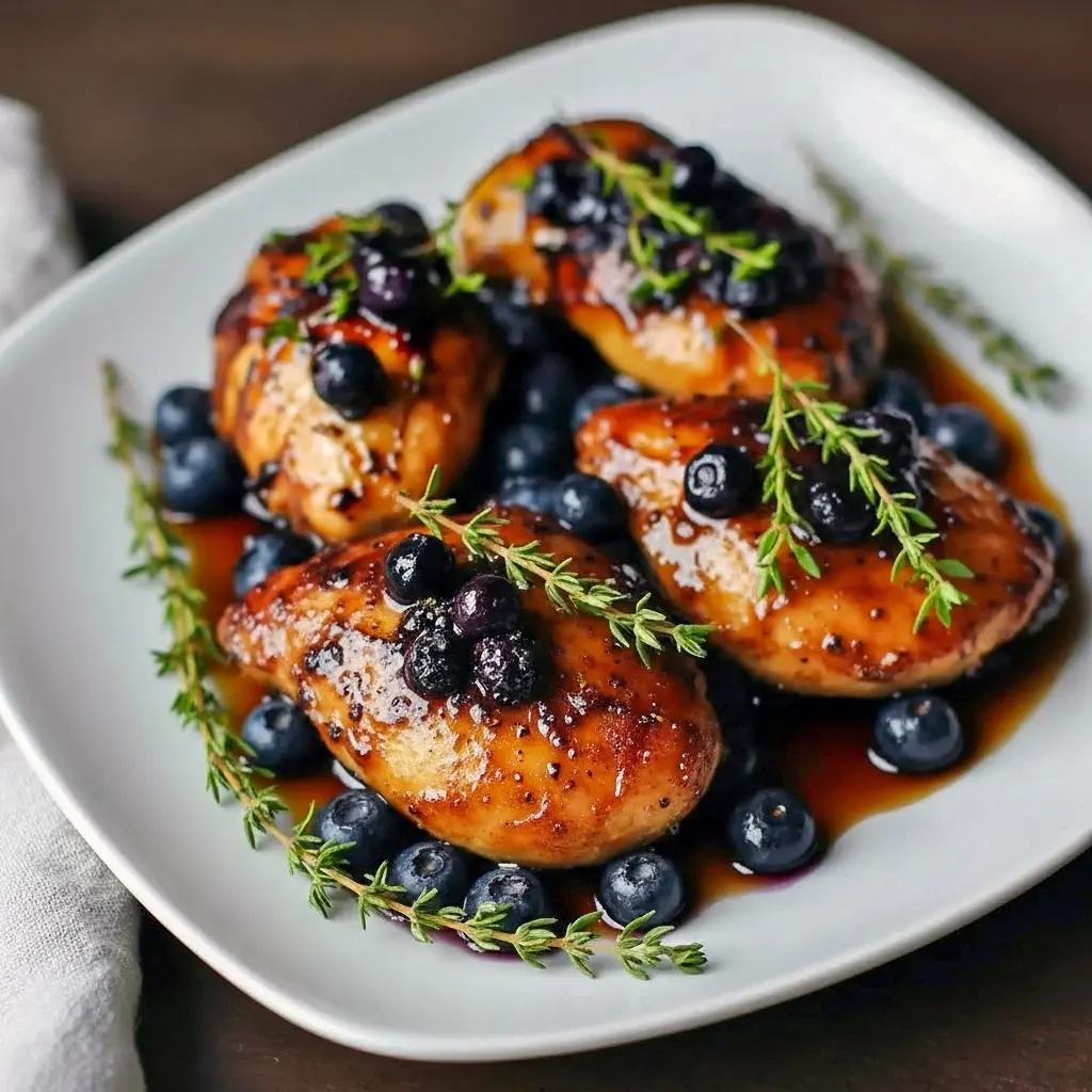 Close-up of Blueberry Thyme Chicken in a skillet topped with caramelized blueberry sauce and fresh thyme — a colorful Elegant Main Course perfect for Yummy Summer Meals and Dinner With Fruit lovers.