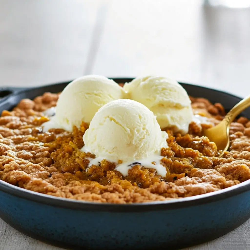 Skillet of warm pumpkin crisp with golden streusel and melting ice cream — perfect for Fall Dessert Recipes, weekend Fall Baking, a quick Trifle remix, or any Pumpkin Recipes roundup.