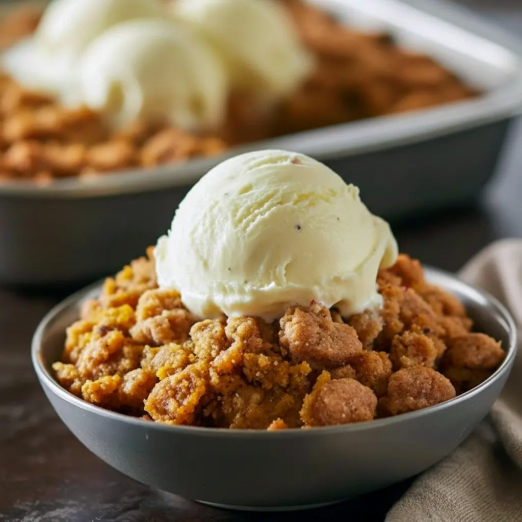 Skillet of warm pumpkin crisp with golden streusel and melting ice cream — perfect for Fall Dessert Recipes, weekend Fall Baking, a quick Trifle remix, or any Pumpkin Recipes roundup.