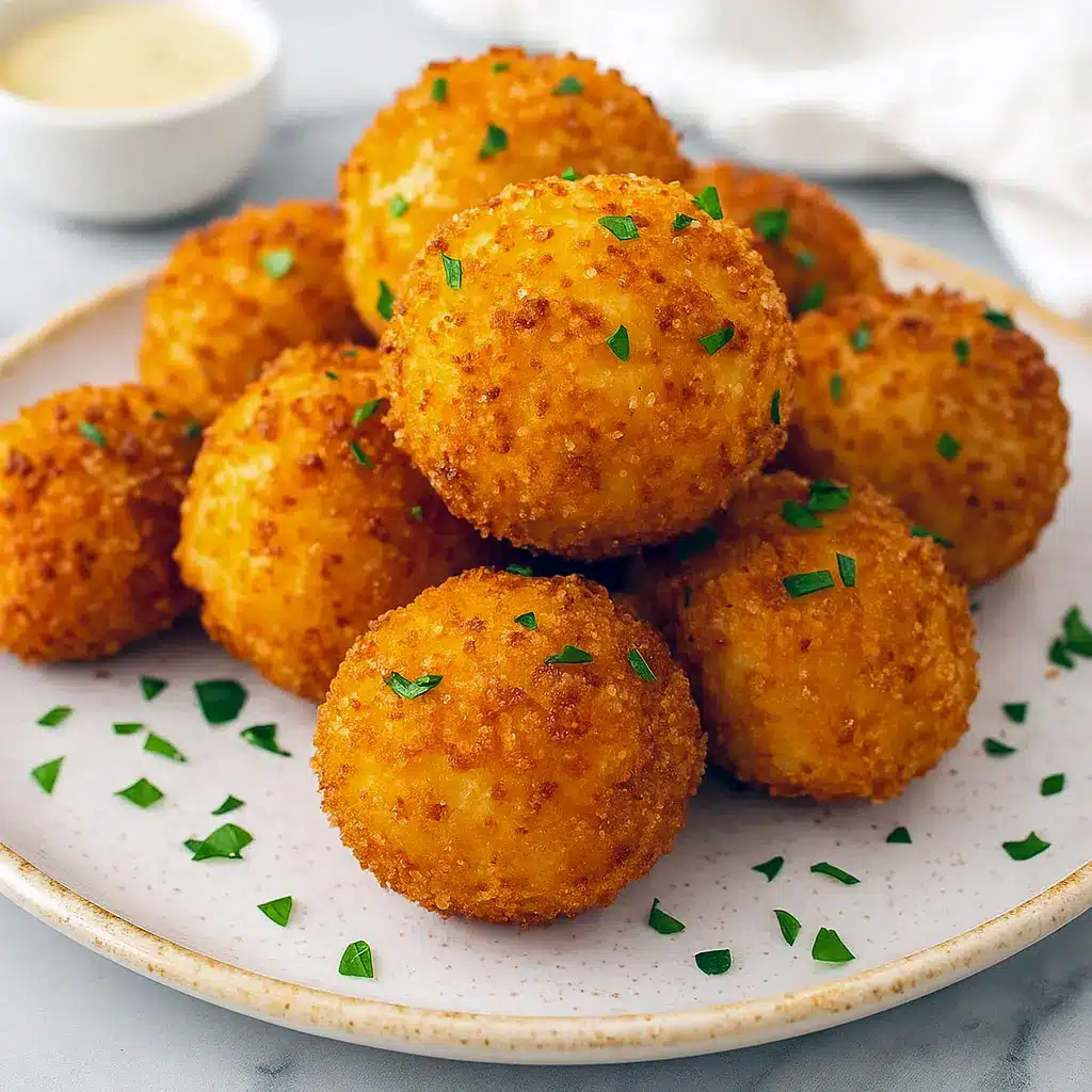 Golden, air-fried mashed potato balls with gooey cheese centers on a serving plate, garnished with chopped parsley and a small bowl of dipping sauce.
