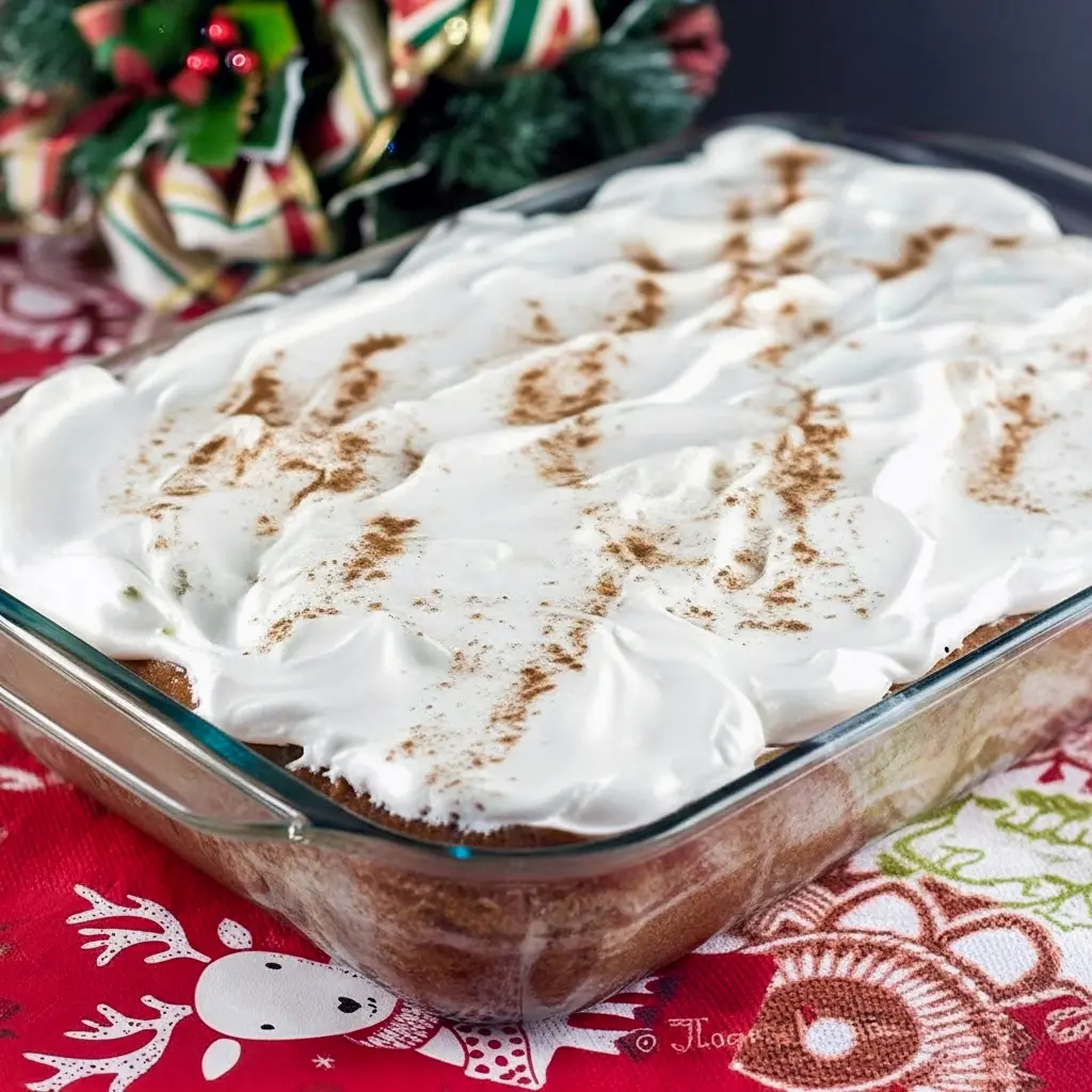 Close-up of a chilled slice of eggnog tres leches cake with whipped cream and a dusting of nutmeg — a dreamy Tres Leches Cake Recipe for Holiday Eggnog Desserts, as moist as a Moist Eggnog Bundt Cake, creamy like an Easy No Bake Eggnog Cheesecake, finished like an Eggnog Cake With Eggnog Frosting, the perfect Festive Eggnog Dessert twist on Cream Cheese Cake Recipes and Easy Cake Recipes, with a cheeky nod to eggnog Slushies.