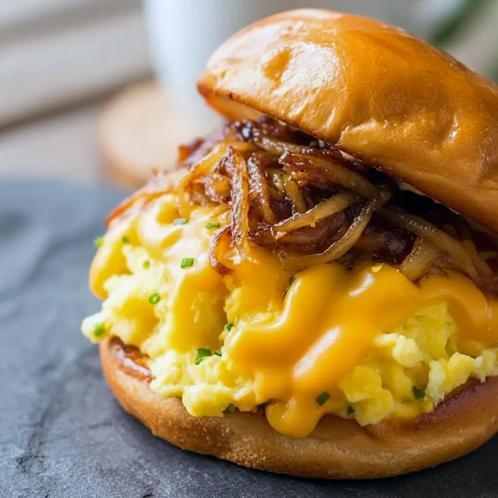 Golden brioche sandwich with soft scrambled egg, gooey cheese, and caramelized onions — a crispy Hash Brown Egg Sandwich vibe that can be adapted into a Sausage Egg And Cheese Pancake Sandwich or featured in Breakfast Brunch Recipes and casual Breakfast Dishes.