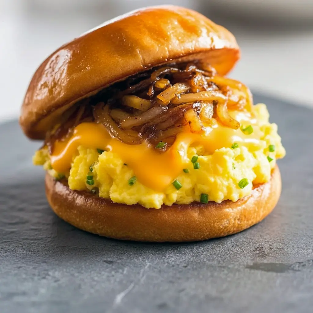 Golden brioche sandwich with soft scrambled egg, gooey cheese, and caramelized onions — a crispy Hash Brown Egg Sandwich vibe that can be adapted into a Sausage Egg And Cheese Pancake Sandwich or featured in Breakfast Brunch Recipes and casual Breakfast Dishes.