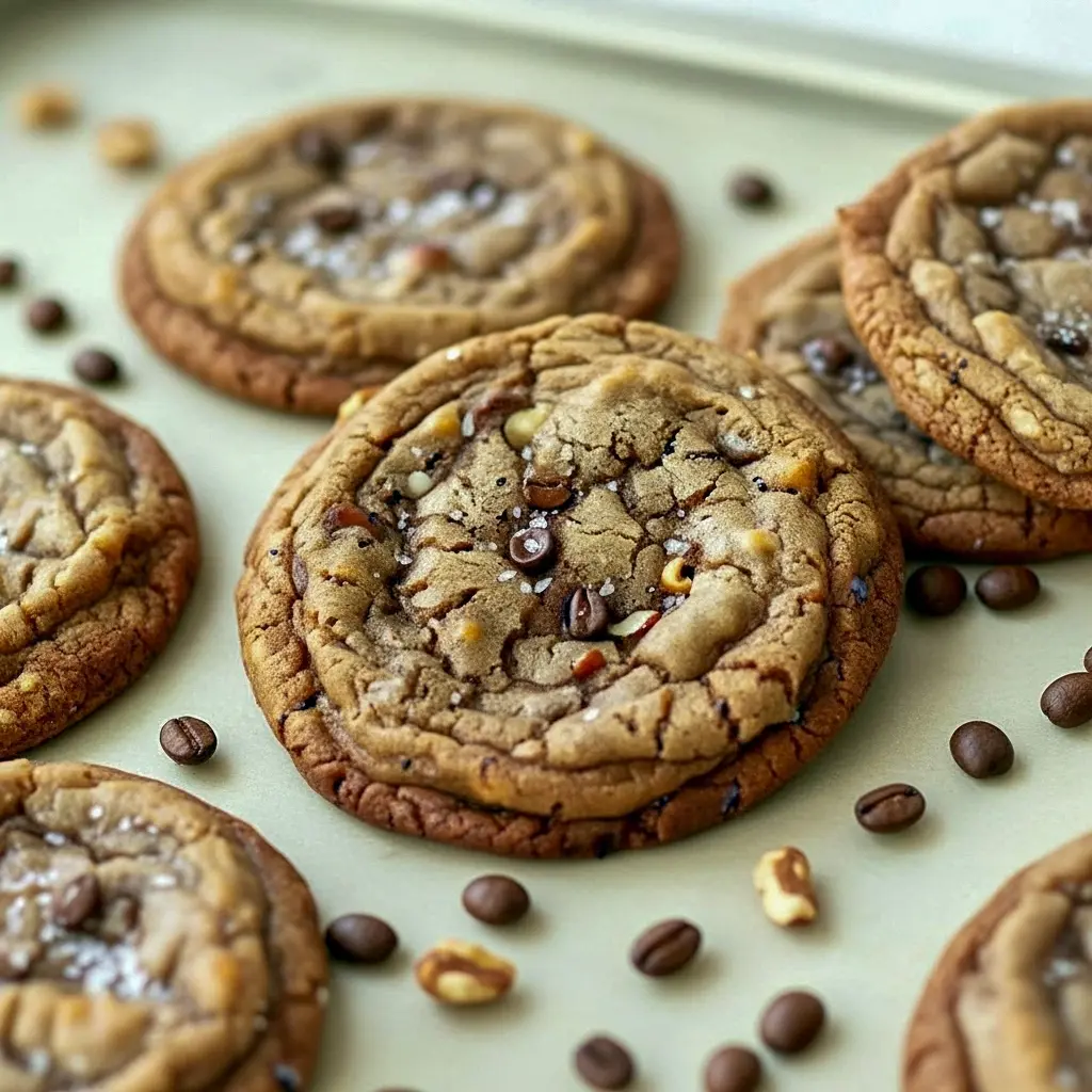 Close-up of stacked cookies: Espresso Brown Butter Cookies, also called Brown Butter Espresso Cookies, showing golden crumbs of Brown Butter Cookies and crunchy Toffee Cookies pieces with a sprinkle of sea salt.