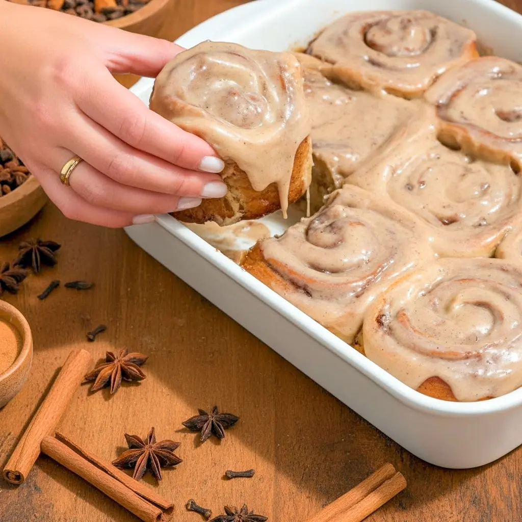 Golden chai cinnamon rolls arranged in a pan, gooey brown-sugar chai caramel at the base, topped with chai cream cheese frosting — a cozy Chai Cinnamon Rolls Recipe perfect for September Dessert Recipes and Personal Sized Desserts, with a salted finish for Desserts With Salt, featured in Rolled Food Ideas, a classic Dessert With Yeast, part of Fancy But Easy Recipes, worthy of Bake Off Winning Recipes, and inspired by Recipes With Chai.