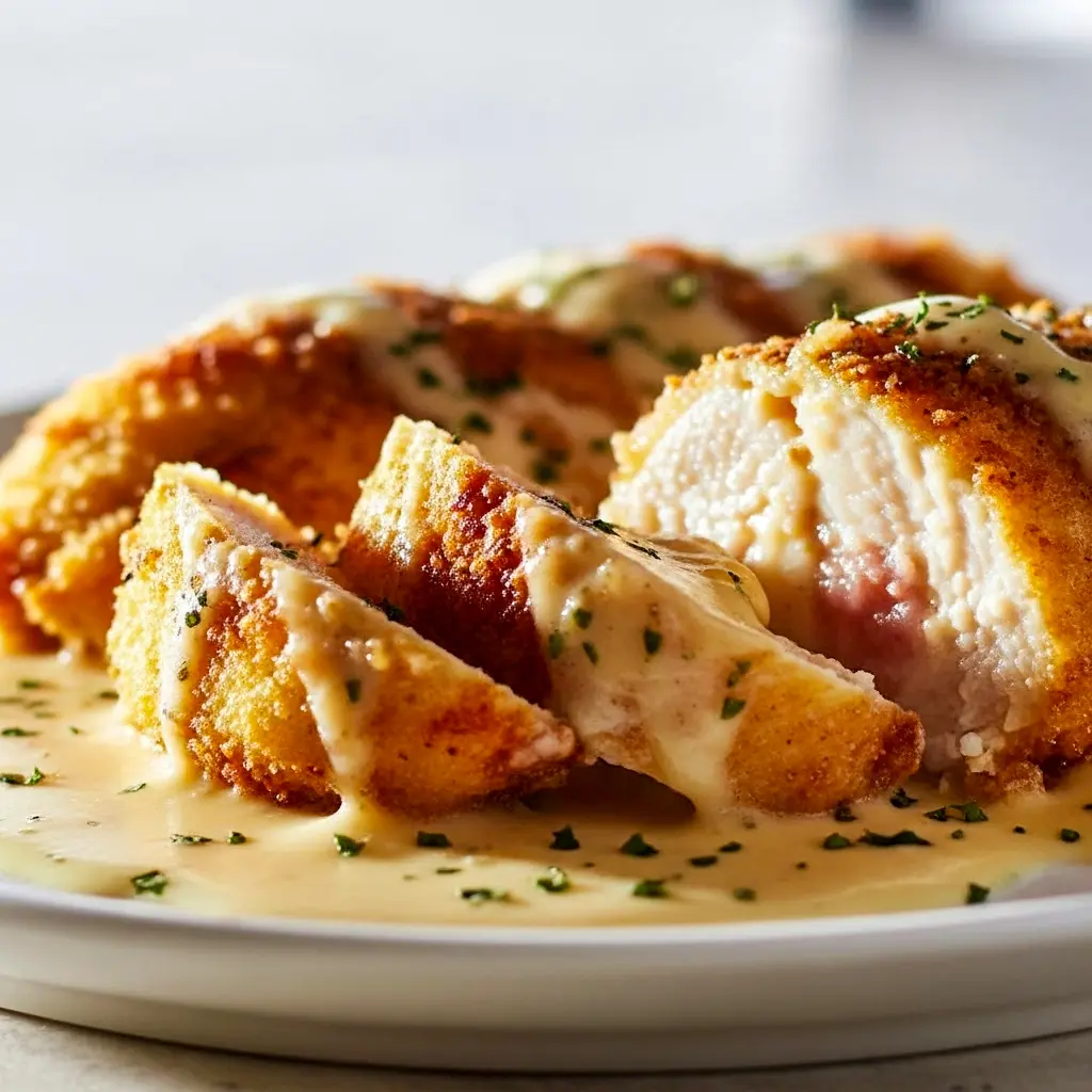 Golden and crispy Baked Cordon Bleu sliced open to reveal layers of Chicken Ham And Swiss, topped with rich Cordon Bleu Chicken Sauce, served with fresh Cordon Bleu Sides — an easy yet elegant comfort meal idea.