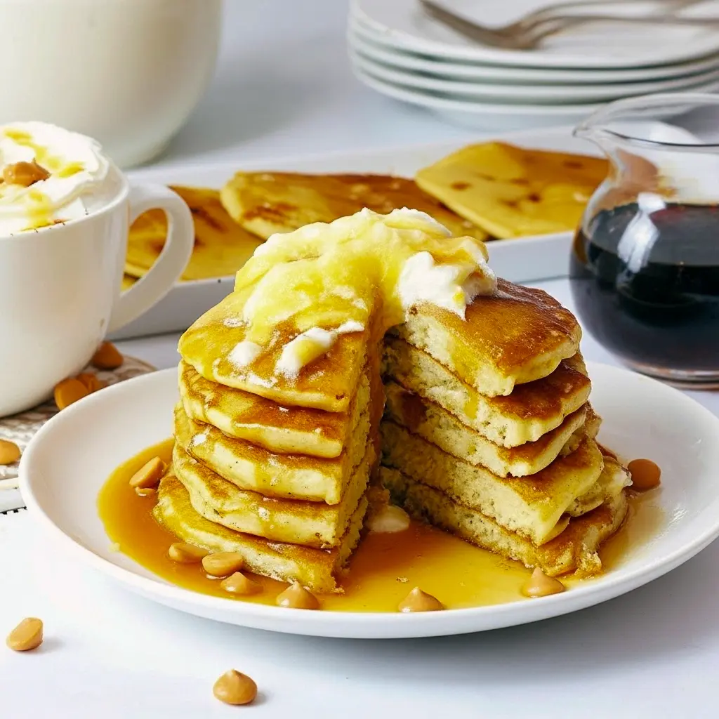 Stack of golden butterscotch-chip pancakes drizzled with butterscotch syrup and topped with whipped cream, styled for a festive Harry Potter–themed brunch, Harry Potter Christmas Feast.