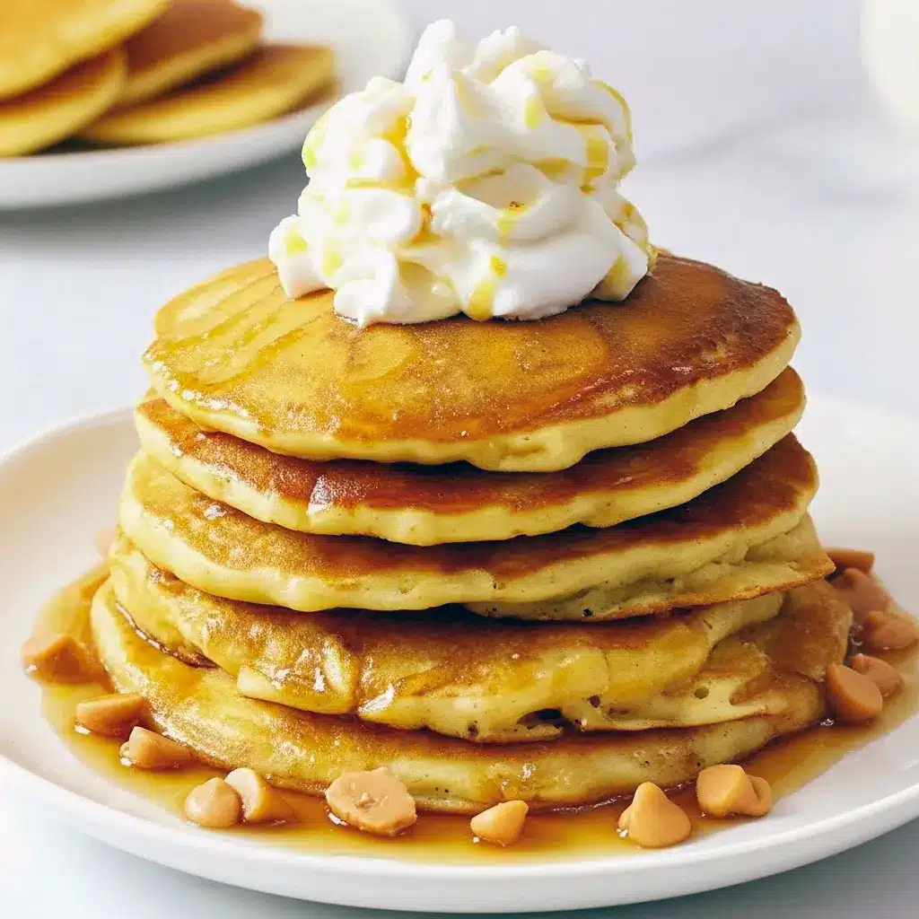 Stack of golden butterscotch-chip pancakes drizzled with butterscotch syrup and topped with whipped cream, styled for a festive Harry Potter–themed brunch.