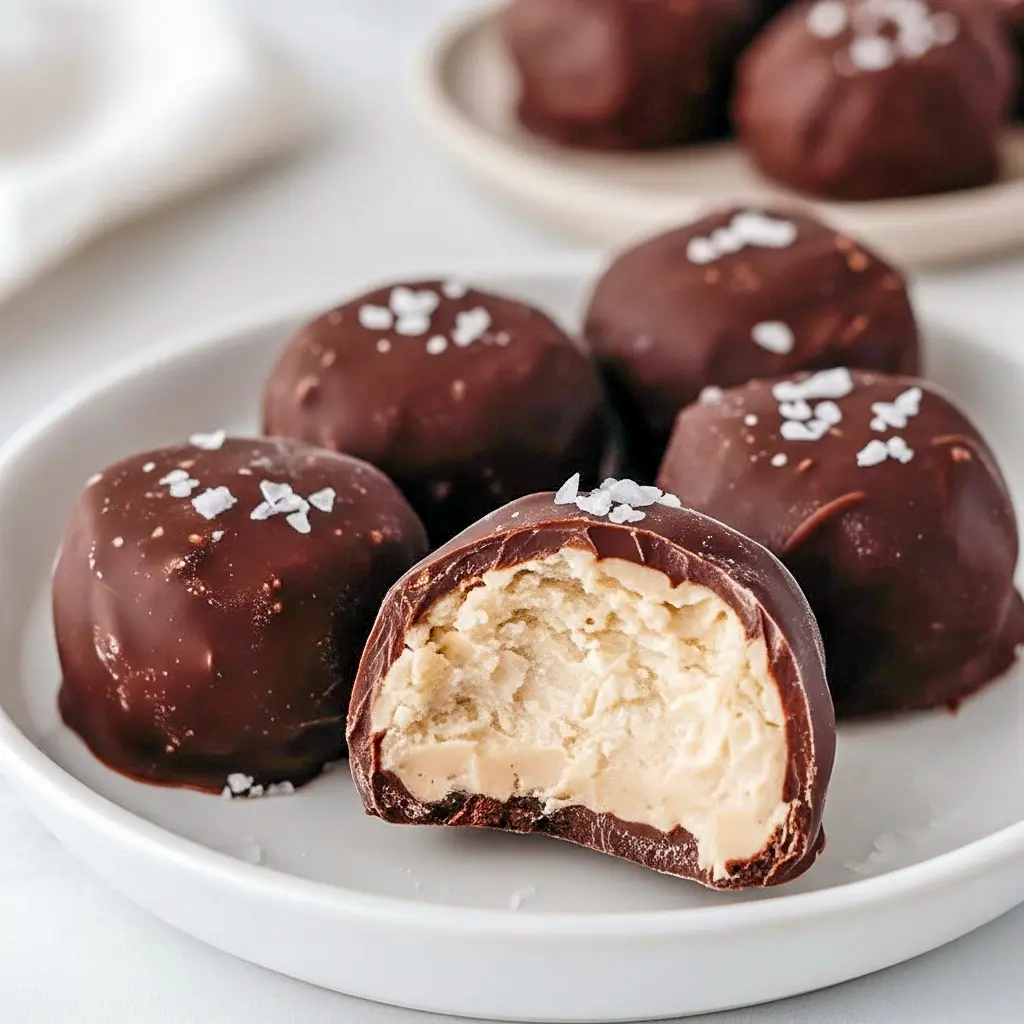 Close-up of chocolate-dipped Frozen Yogurt Peanut Butter Chocolate rounds on parchment with glossy shells and creamy centers — a simple Plain Greek Yogurt Recipes idea for bite-sized Greek Yogurt Bites, Healthy Protein Snacks.
