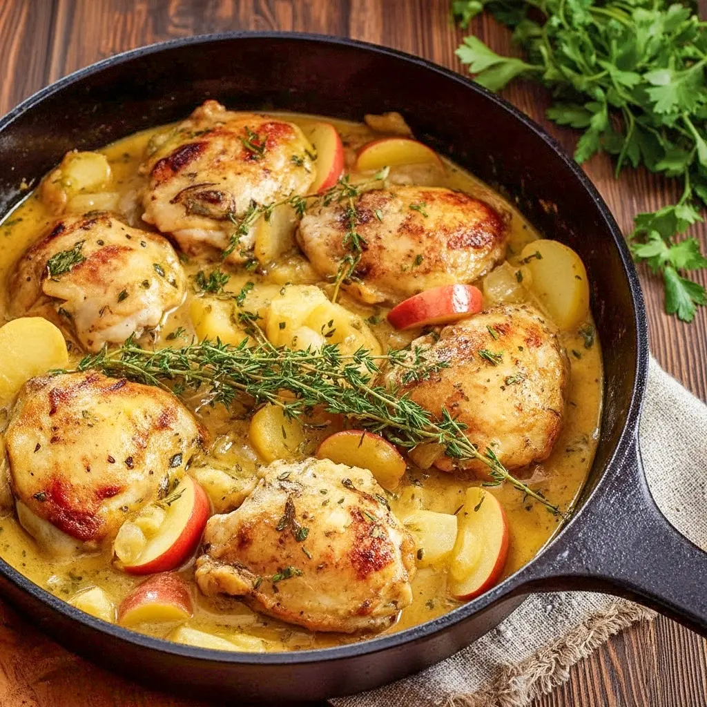 Crispy skin-on chicken thighs in a creamy apple cider sauce with sliced apples and fresh thyme over mashed potatoes.