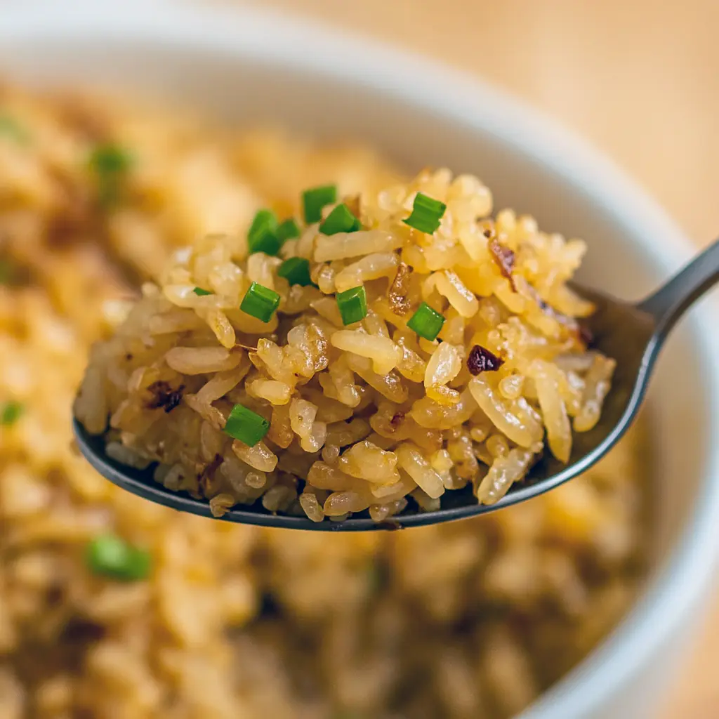 Baking dish of golden French onion butter rice with crisped edges, garnished with chopped parsley and a sprinkling of cheese — a savory side perfect for weeknight dinners and holiday spreads.