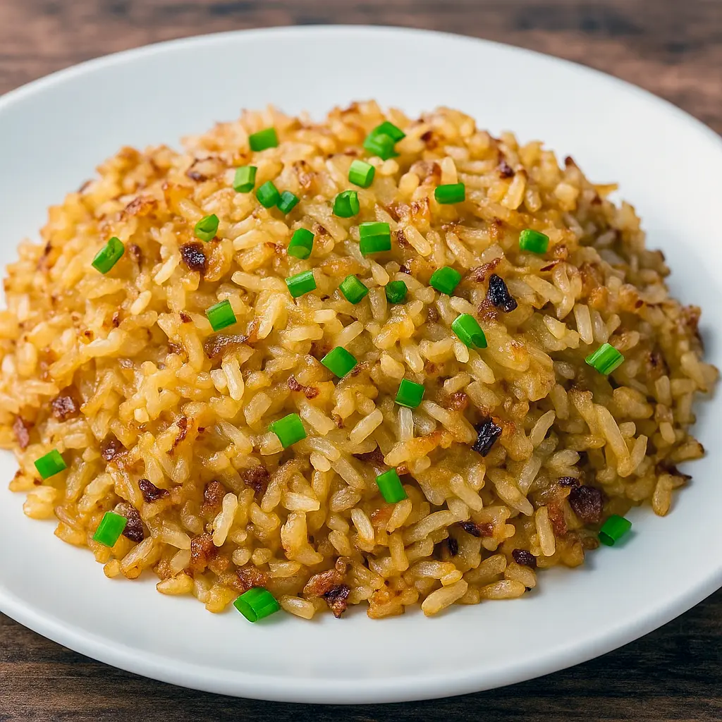 Baking dish of golden French onion butter rice with crisped edges, garnished with chopped parsley and a sprinkling of cheese — a savory side perfect for weeknight dinners and holiday spreads.
