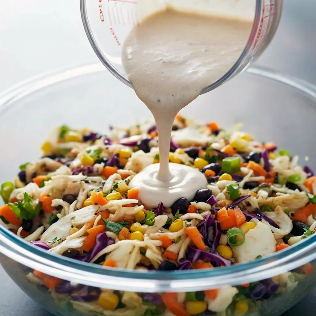 A vibrant bowl of Cabbage Cowboy Salad with black beans, corn, diced peppers, and crispy Fritos tossed in a smoky chipotle dressing — the ultimate Tex-Mex Veggie Slaw perfect for BBQs or Coleslaw Lunch Ideas.