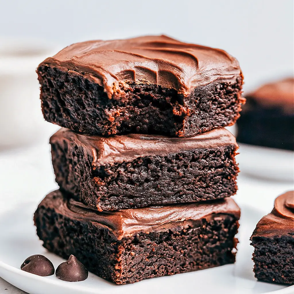 Close-up of glossy, fudgy chocolate brownie squares stacked on a plate, showing a dense, moist interior and a light dusting of cocoa.